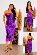 Purple Swirl Strapless Midi Dress